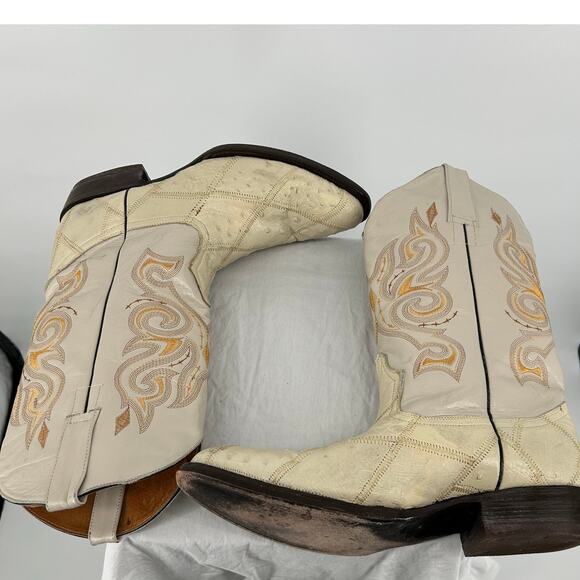 Vintage Men\'s Cream Leather Quill Ostrich Jhonny Western Cowboy Boots Sz 8M main image 9